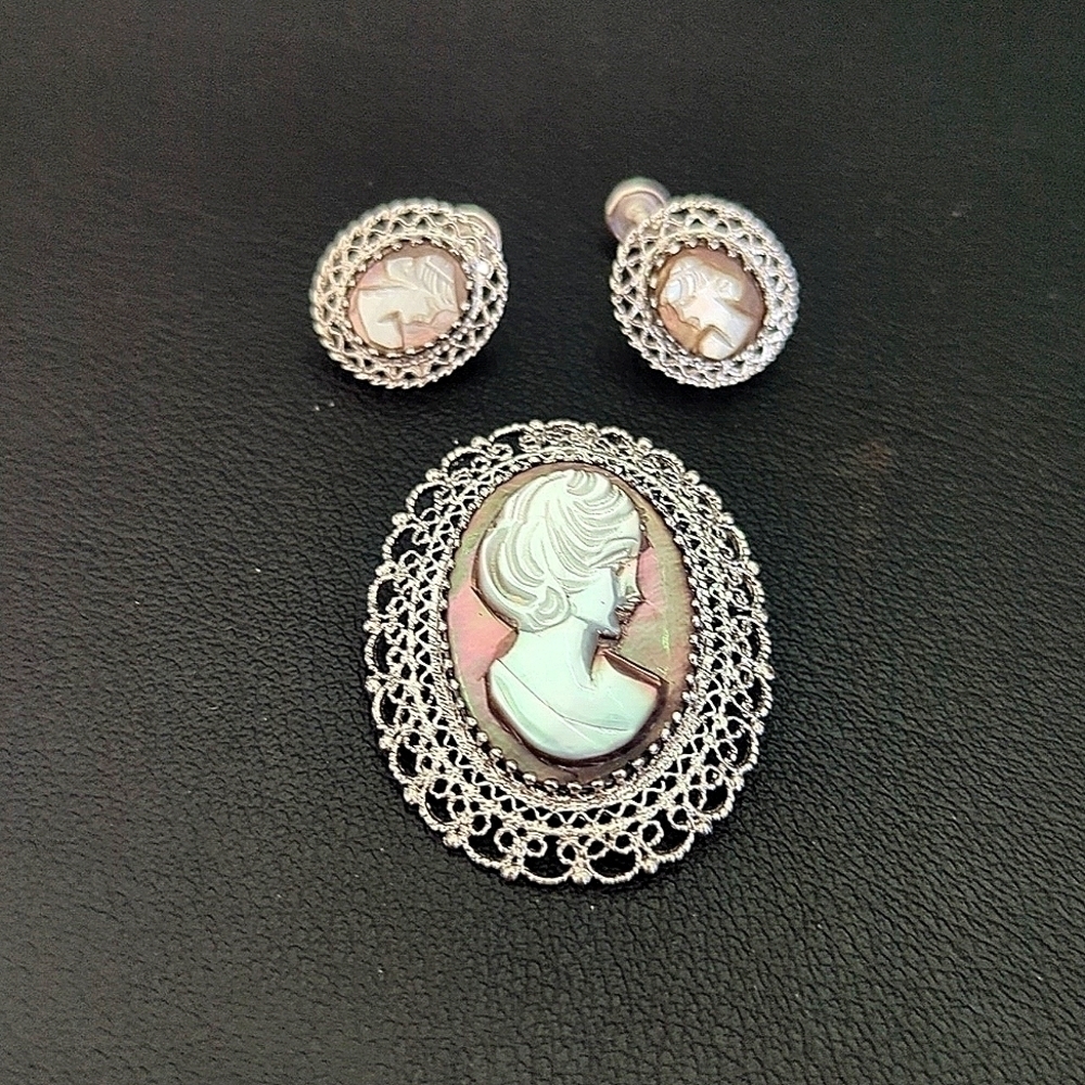 Gorgeous Ornate Sterling Silver Abalone Shell Cameo Pendant Pin Clip Earring Set - Picture 1 of 7